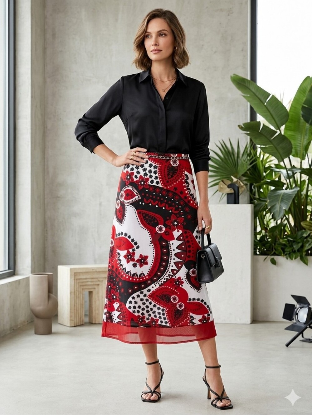 Cato Red Black White Paisley Woman's Skirt Size L (12-14)